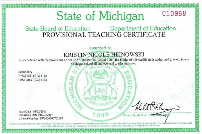 Michigan Teaching Certificate Kristin Hock #39 s Teaching Portfolio